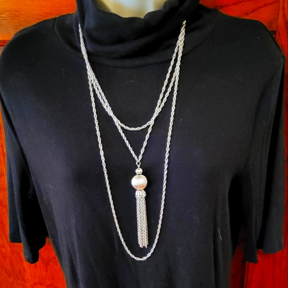 Vintage Trifari Crown Mark Triple Strand Tassel Silvertone Necklace